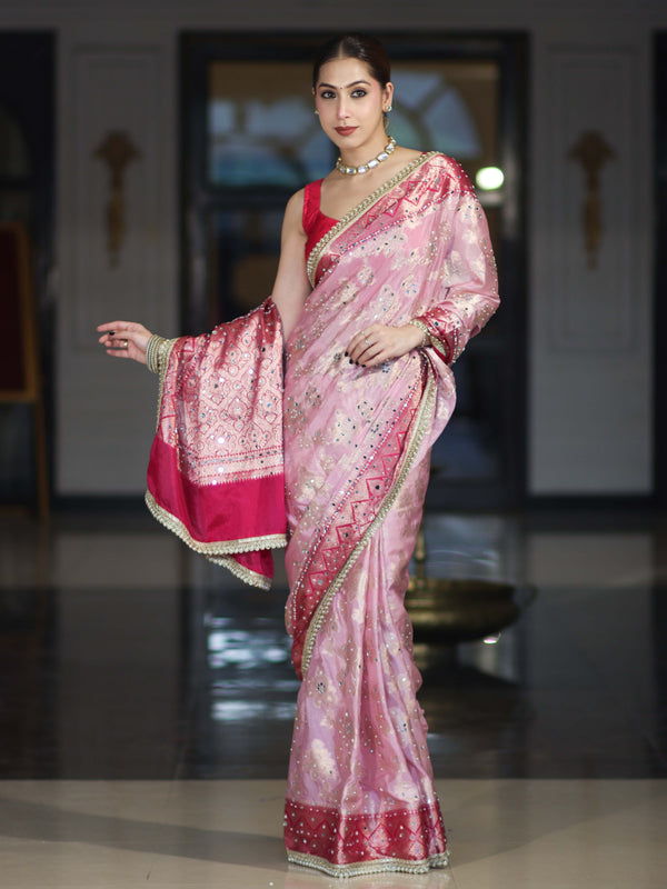 Banarasee Chiffon Saree With Hand Embroidered Mirror Work Zari Woven Design & Contrast Border-Pink