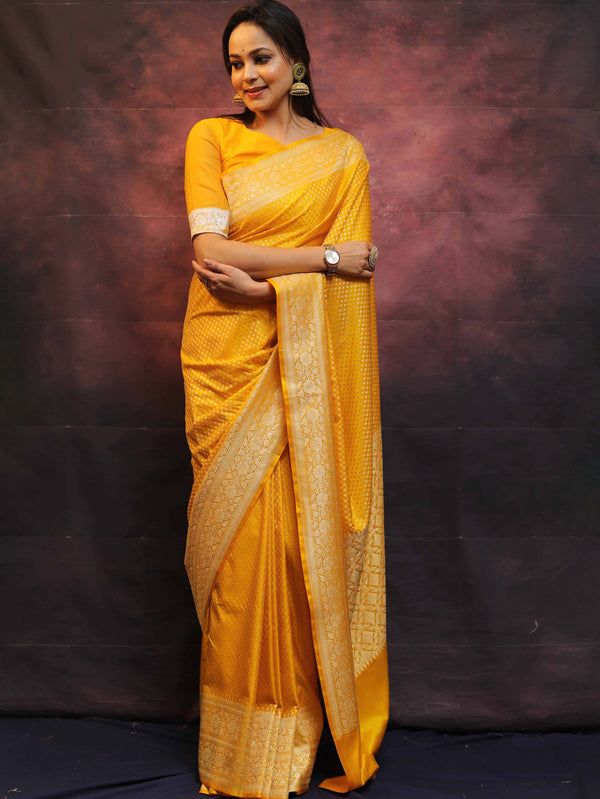 Banarasee Semi-Katan Zari Buta Saree-Yellow