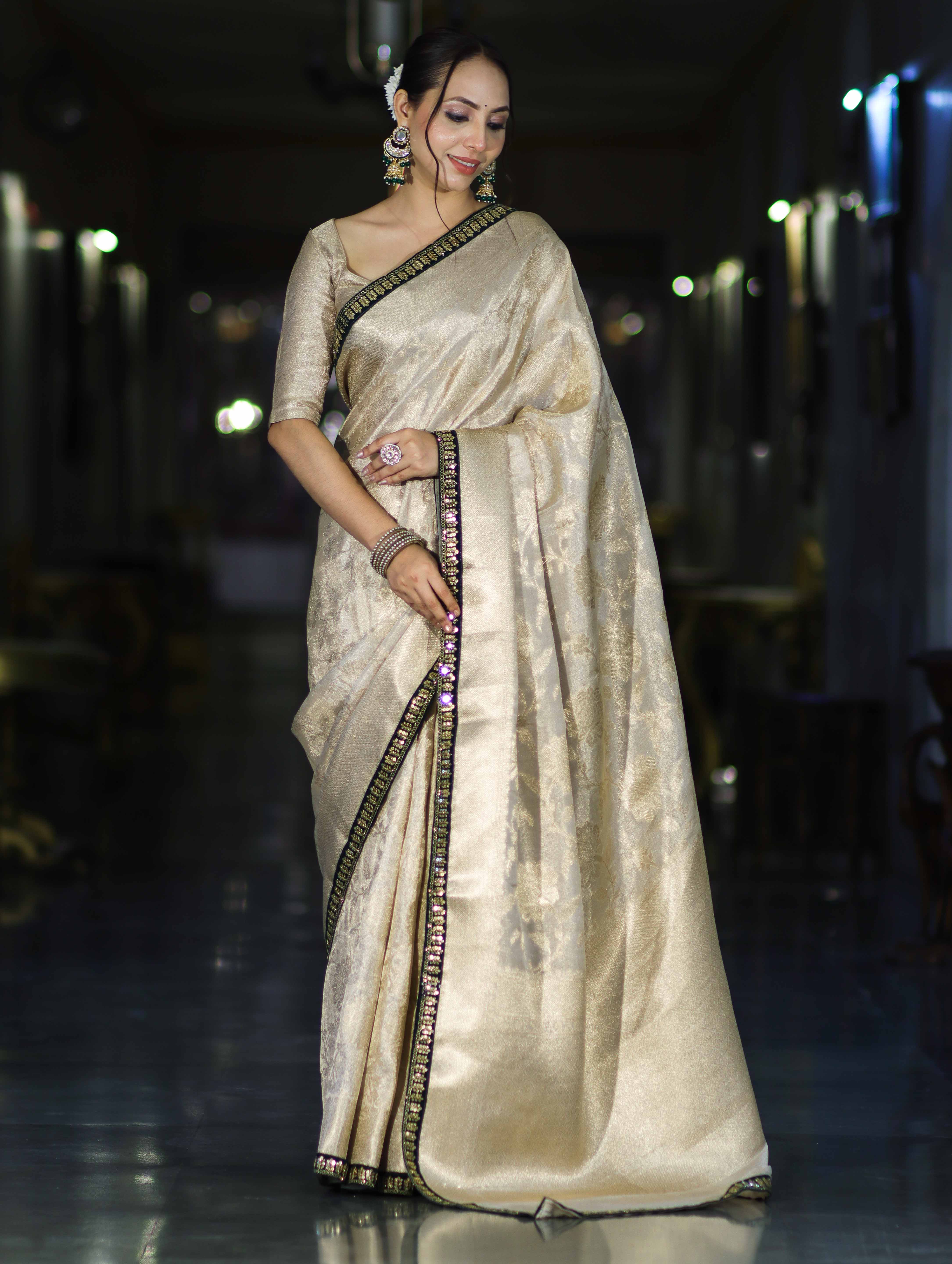 Banarasee Handloom Tissue Saree With Zari Woven Design & Contrast Lace Border-Off White