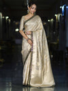 Banarasee Handloom Tissue Saree With Zari Woven Design & Contrast Lace Border-Off White