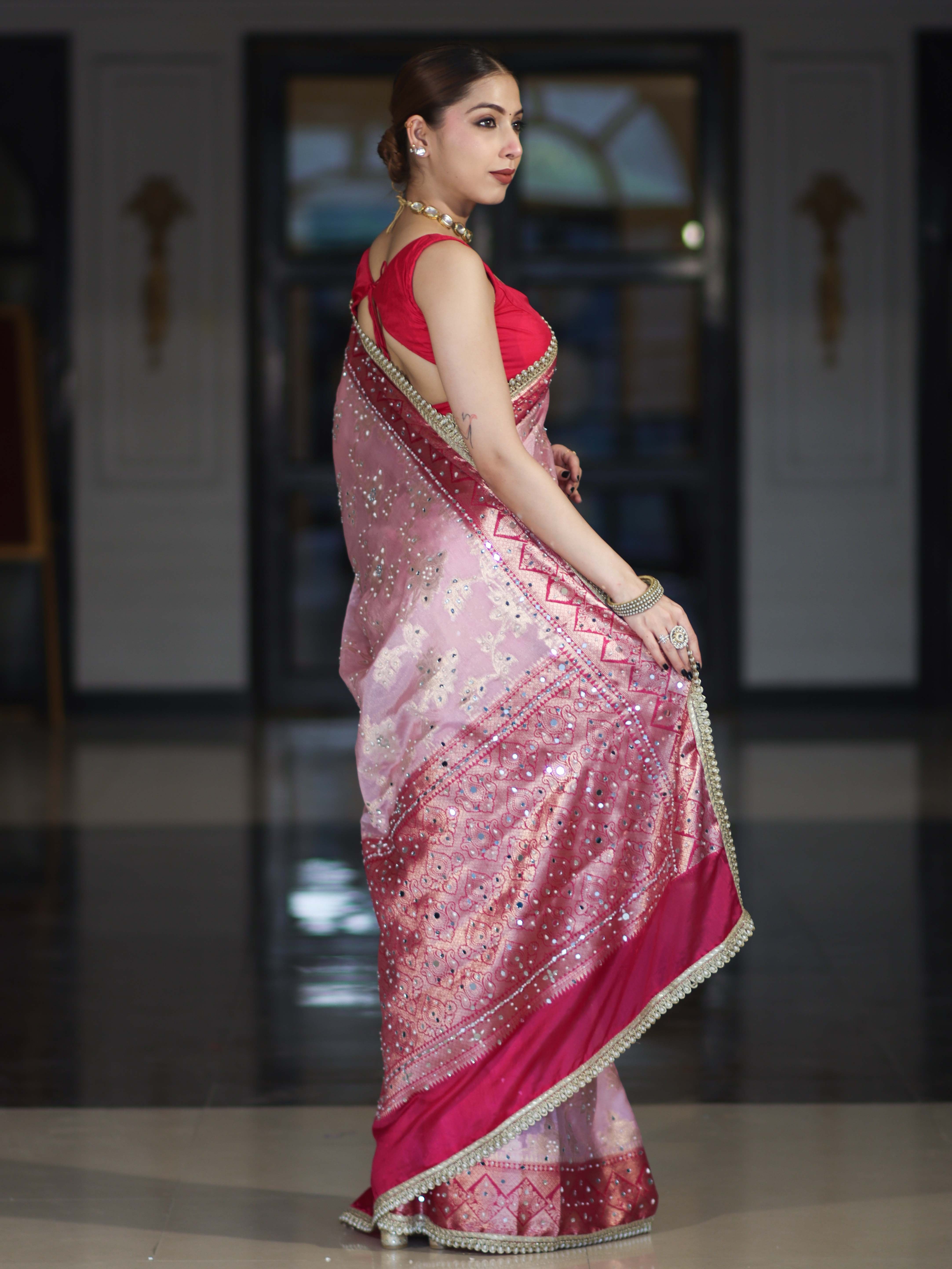 Banarasee Chiffon Saree With Hand Embroidered Mirror Work Zari Woven Design & Contrast Border-Pink