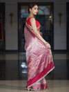 Banarasee Chiffon Saree With Hand Embroidered Mirror Work Zari Woven Design & Contrast Border-Pink