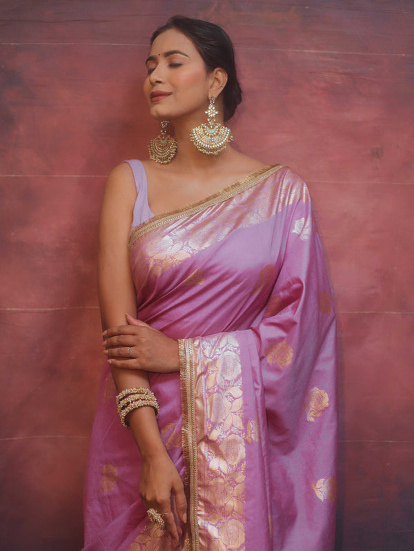 Banarasee Handwoven Semi Silk Saree With Zari Border & Lace-Lavender
