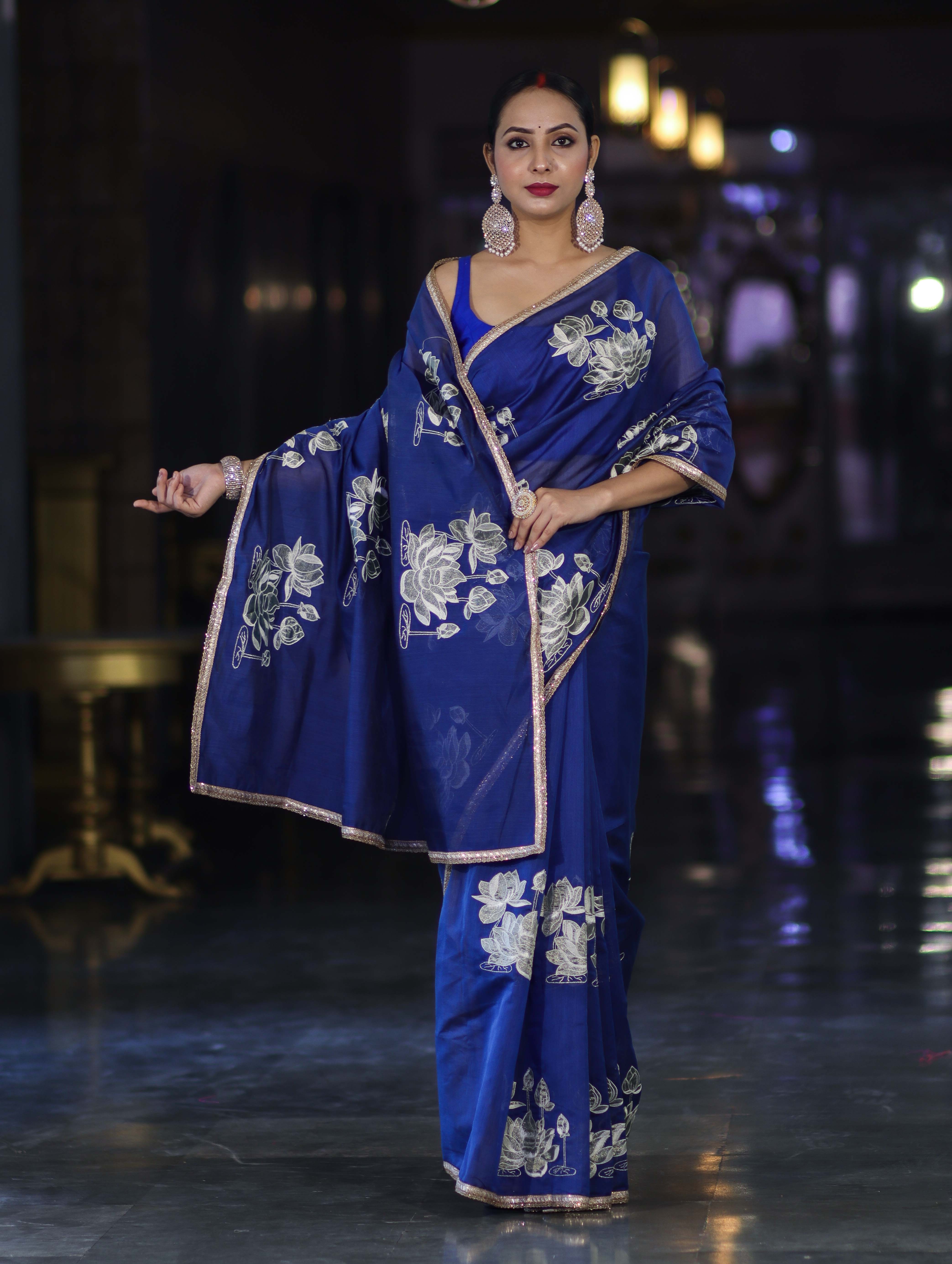 Banarasee Handloom Chanderi Cotton Saree With Applique Work & Lace-Royal Blue