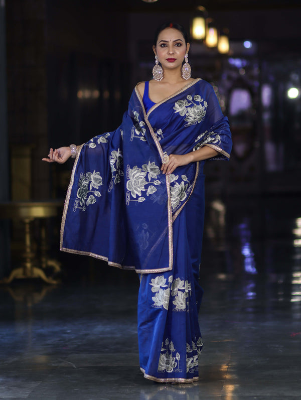 Banarasee Handloom Chanderi Cotton Saree With Applique Work & Lace-Royal Blue