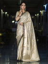 Banarasee Handloom Tissue Saree With Zari Woven Design & Contrast Lace Border-Off White