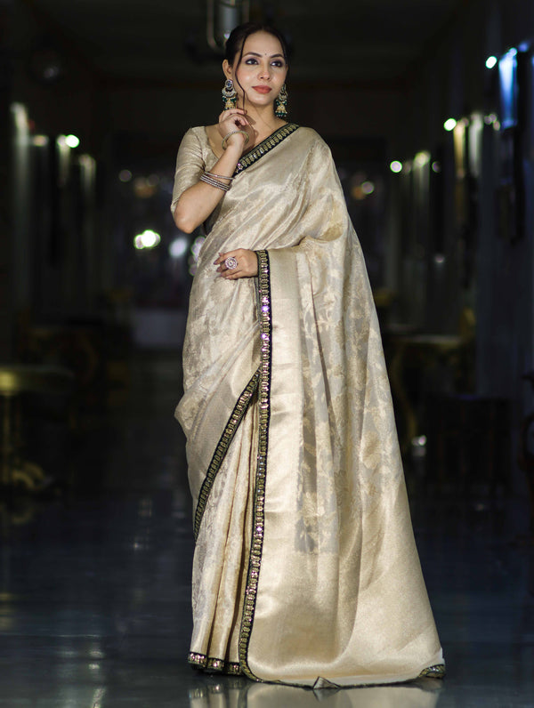 Banarasee Handloom Tissue Saree With Zari Woven Design & Contrast Lace Border-Off White