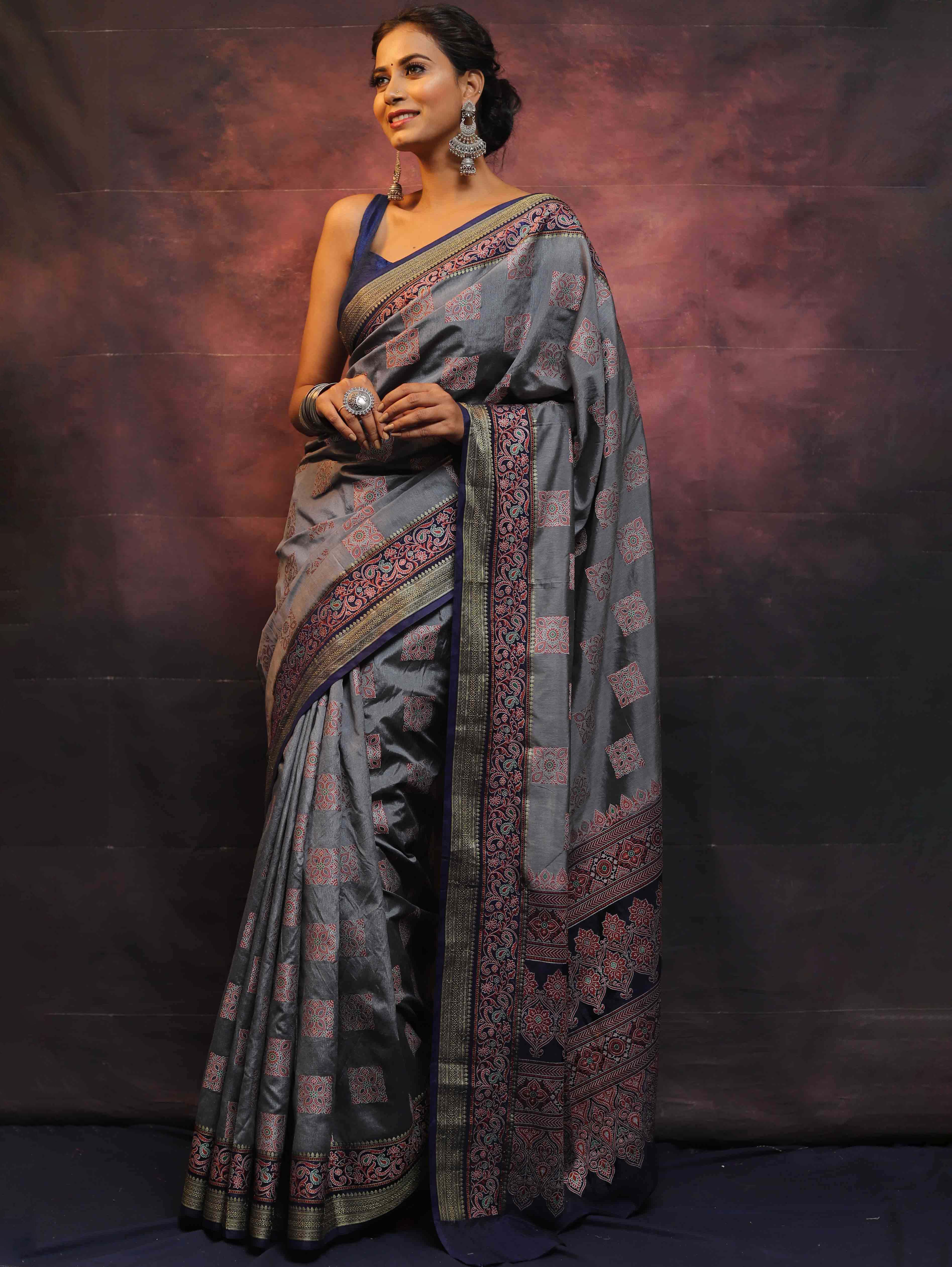 Banarasee Semi Silk Meena Work Saree-Grey