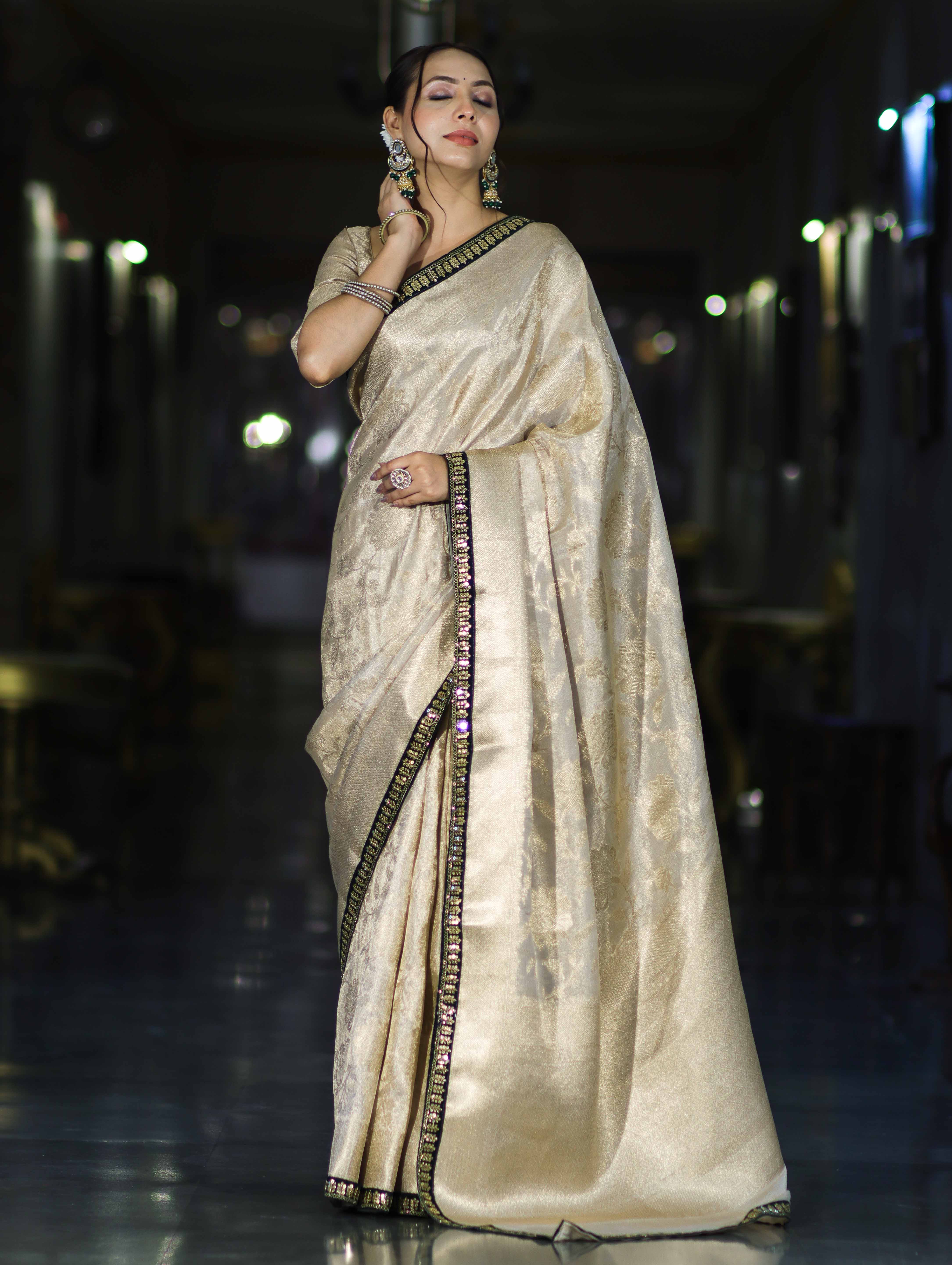 Banarasee Handloom Tissue Saree With Zari Woven Design & Contrast Lace Border-Off White