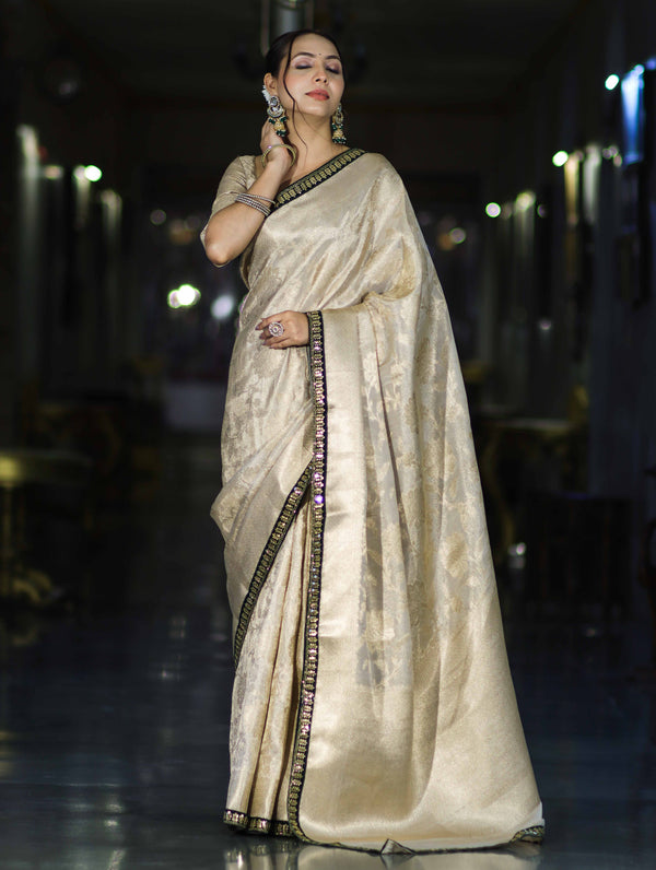 Banarasee Handloom Tissue Saree With Zari Woven Design & Contrast Lace Border-Off White