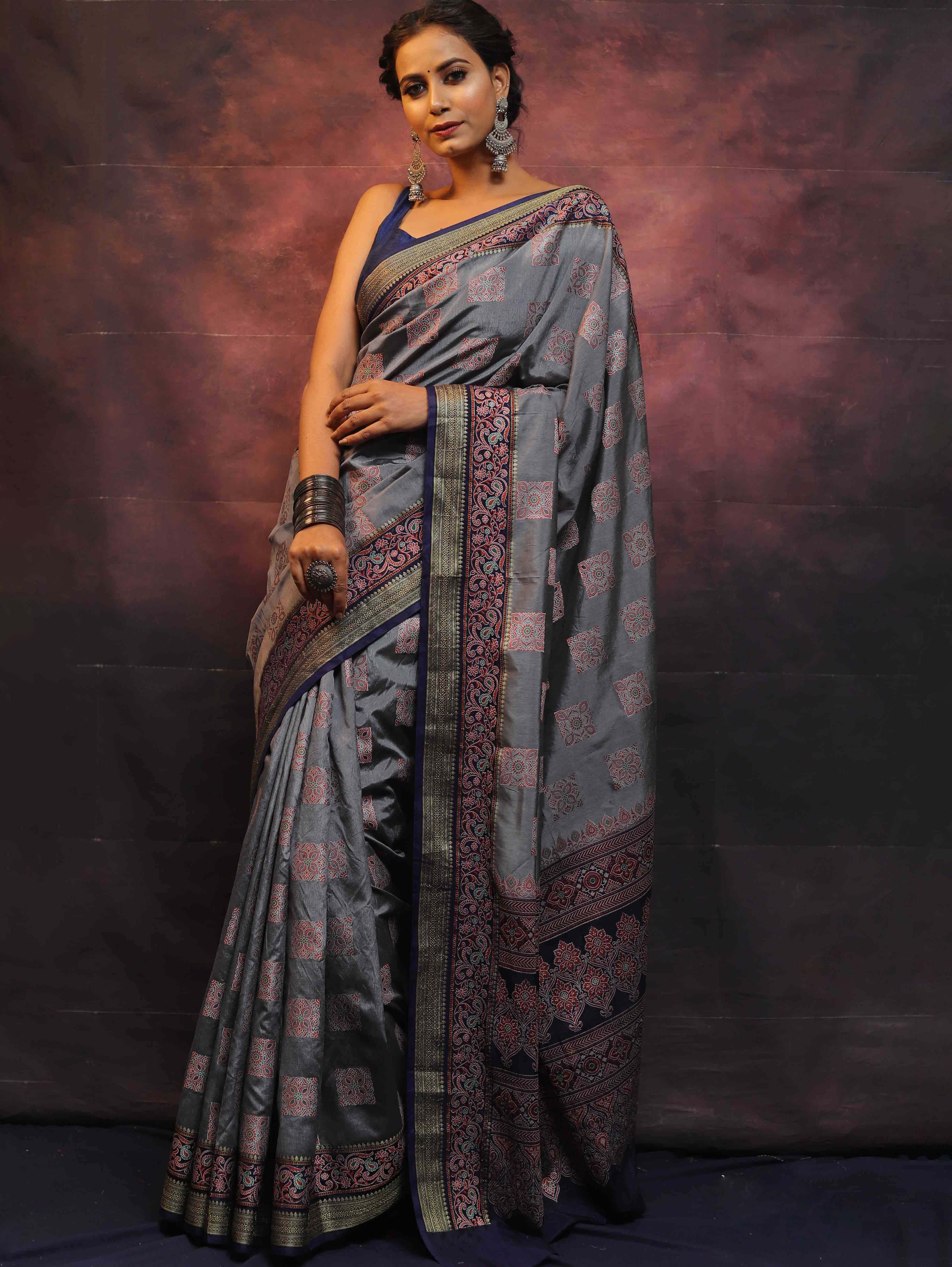 Banarasee Semi Silk Meena Work Saree-Grey