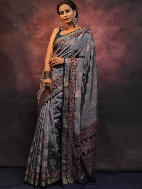 Banarasee Semi Silk Meena Work Saree-Grey
