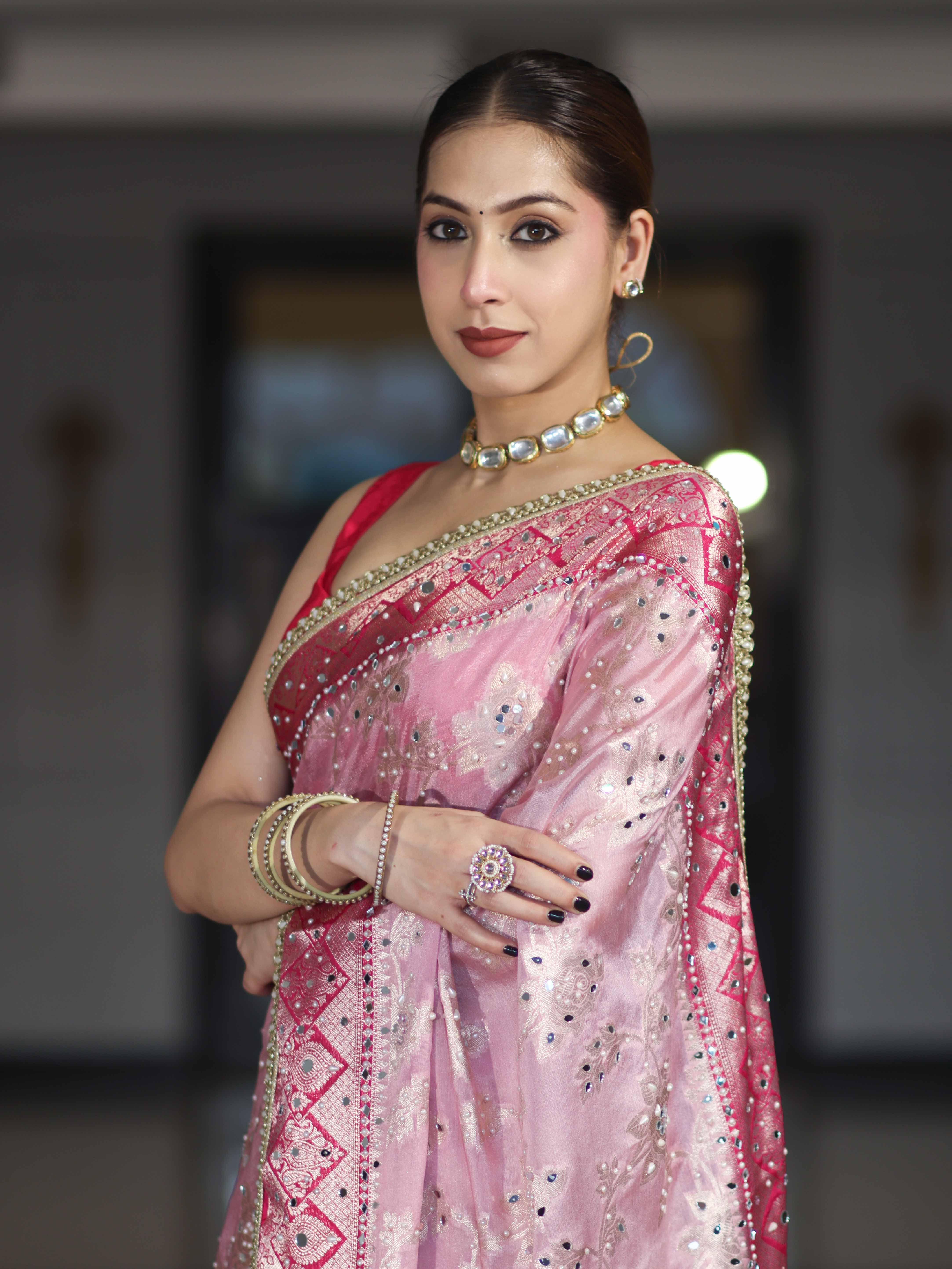 Banarasee Chiffon Saree With Hand Embroidered Mirror Work Zari Woven Design & Contrast Border-Pink