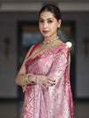 Banarasee Chiffon Saree With Hand Embroidered Mirror Work Zari Woven Design & Contrast Border-Pink