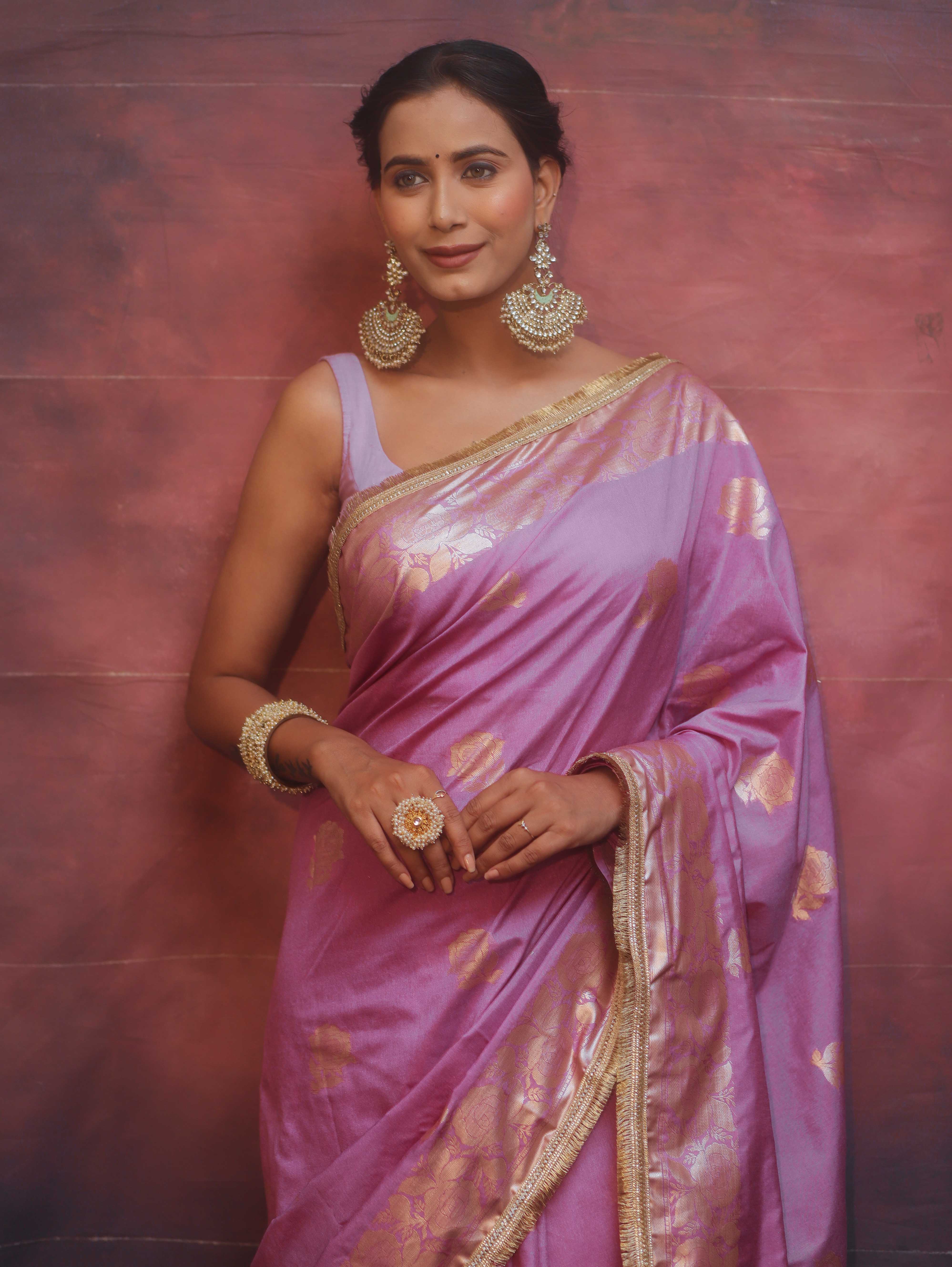 Banarasee Handwoven Semi Silk Saree With Zari Border & Lace-Lavender