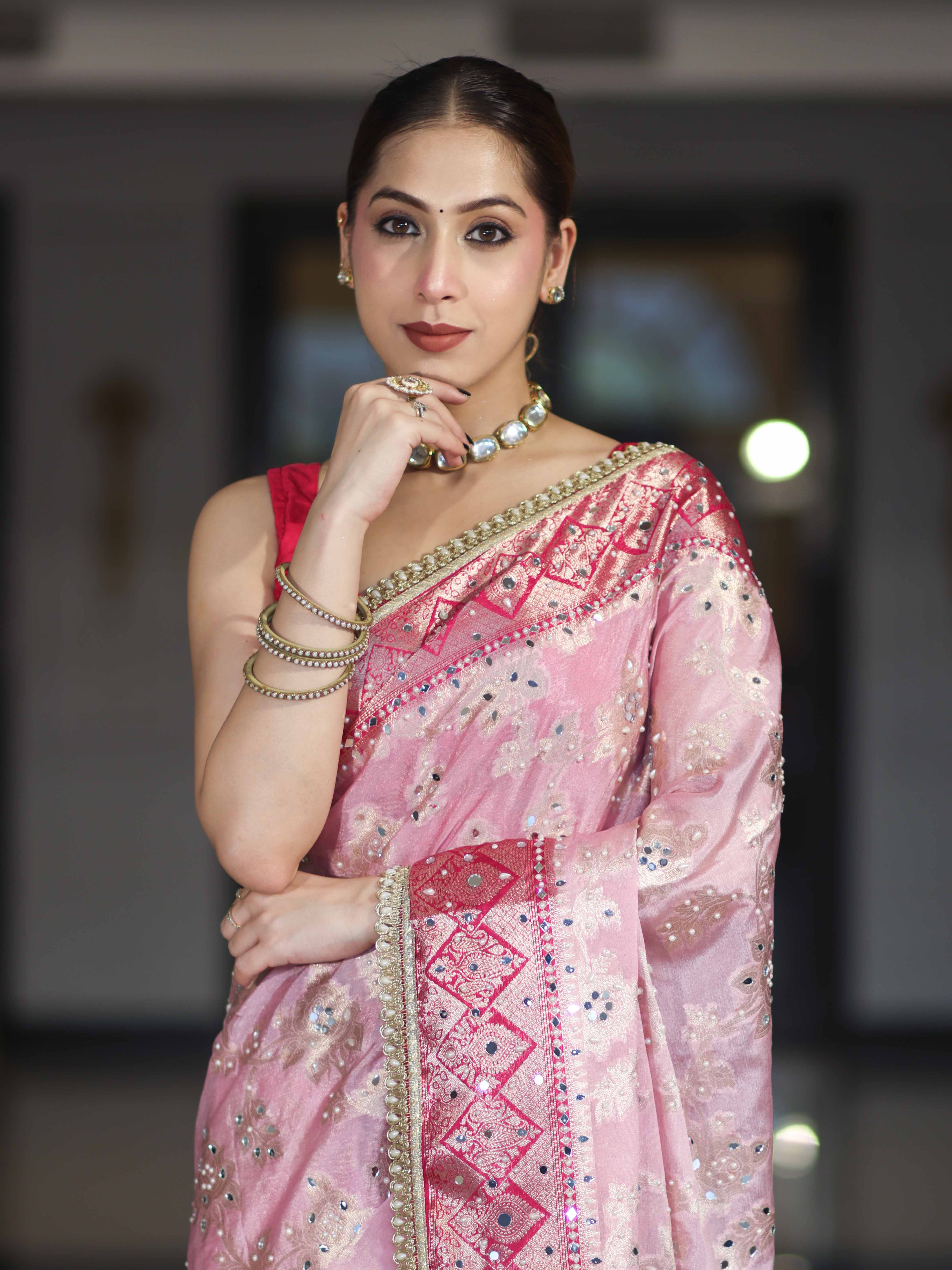 Banarasee Chiffon Saree With Hand Embroidered Mirror Work Zari Woven Design & Contrast Border-Pink