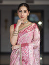 Banarasee Chiffon Saree With Hand Embroidered Mirror Work Zari Woven Design & Contrast Border-Pink
