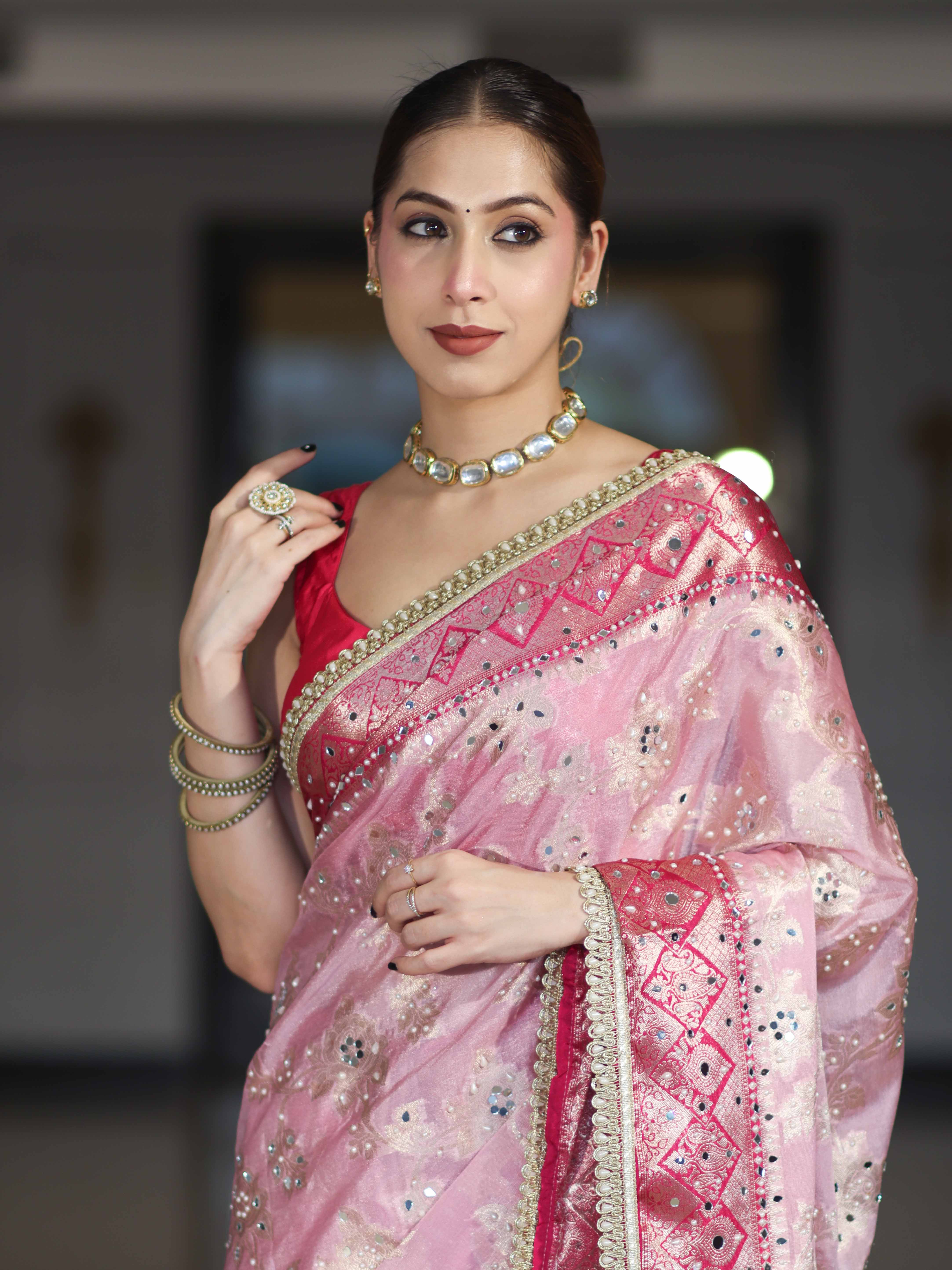 Banarasee Chiffon Saree With Hand Embroidered Mirror Work Zari Woven Design & Contrast Border-Pink