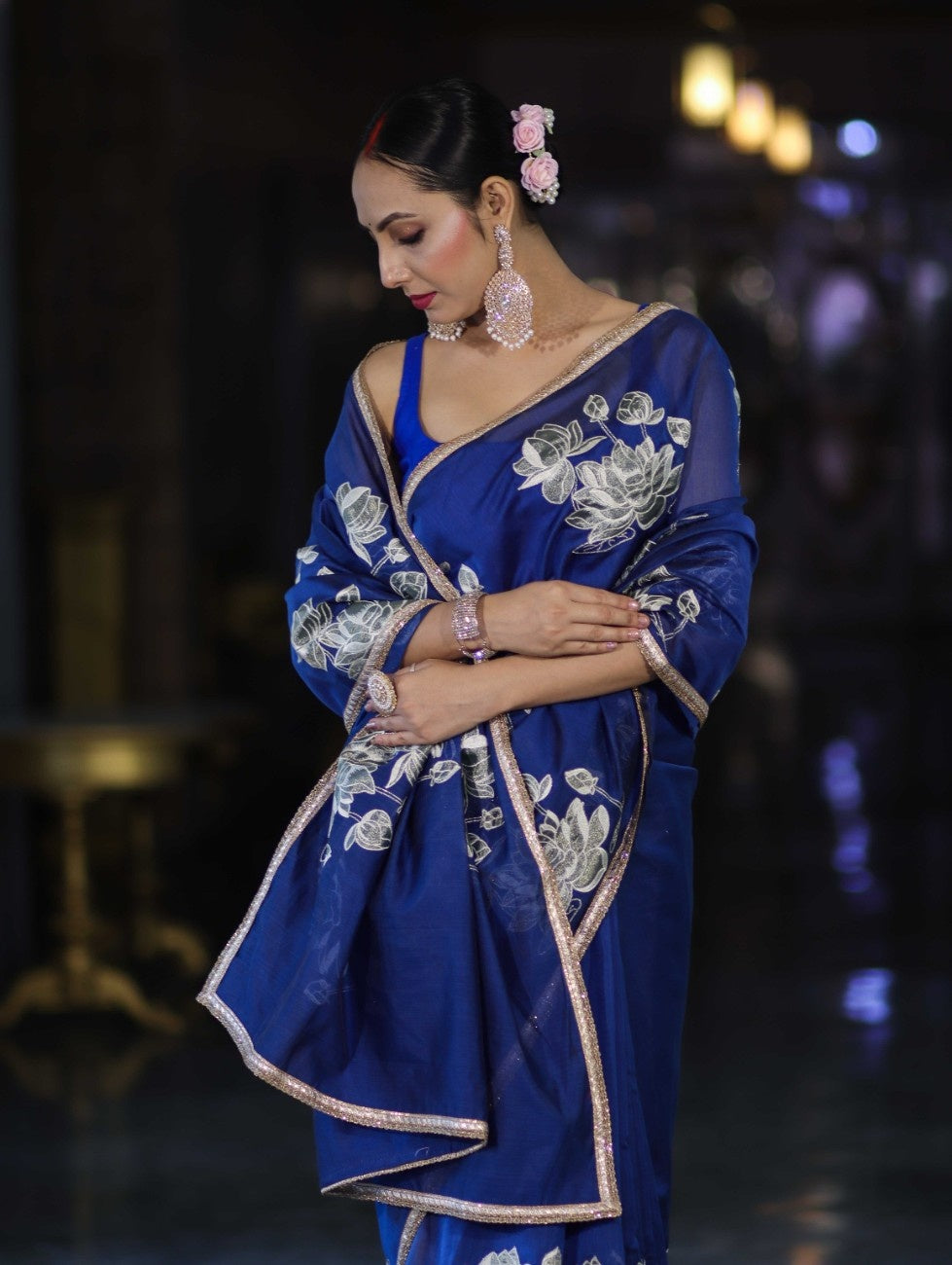 Banarasee Handloom Chanderi Cotton Saree With Applique Work & Lace-Royal Blue
