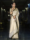 Banarasee Handloom Tissue Saree With Zari Woven Design & Contrast Lace Border-Off White
