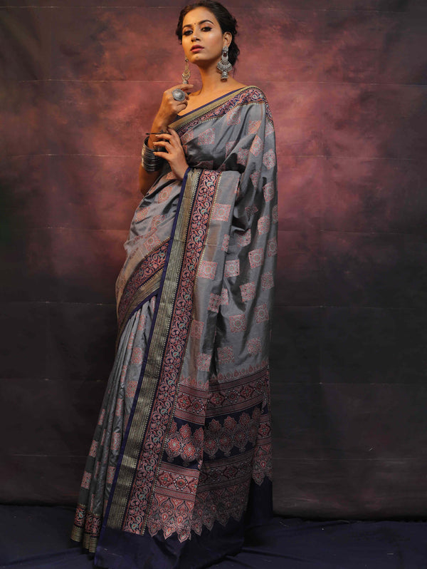 Banarasee Semi Silk Meena Work Saree-Grey