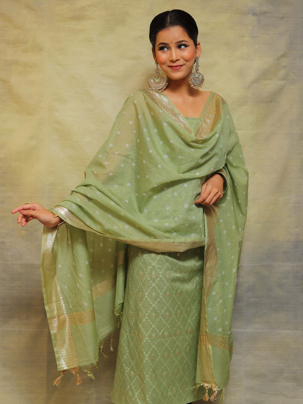 Banarasee Chanderi Cotton Salwar Kameez Fabric With Embroidery Work-Green