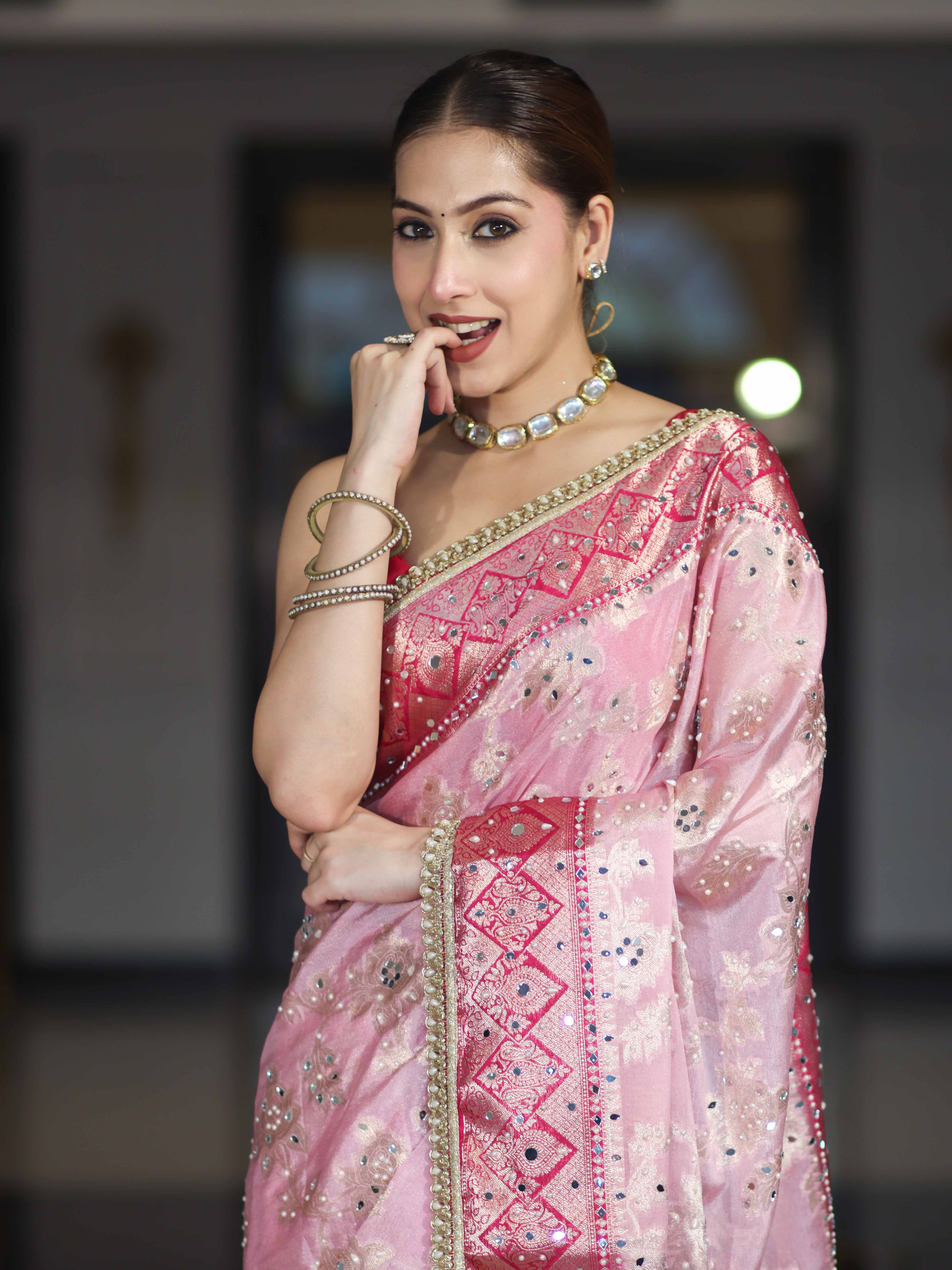 Banarasee Chiffon Saree With Hand Embroidered Mirror Work Zari Woven Design & Contrast Border-Pink