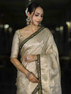 Banarasee Handloom Tissue Saree With Zari Woven Design & Contrast Lace Border-Off White