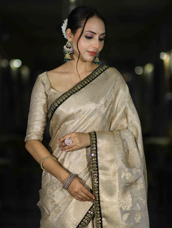 Banarasee Handloom Tissue Saree With Zari Woven Design & Contrast Lace Border-Off White