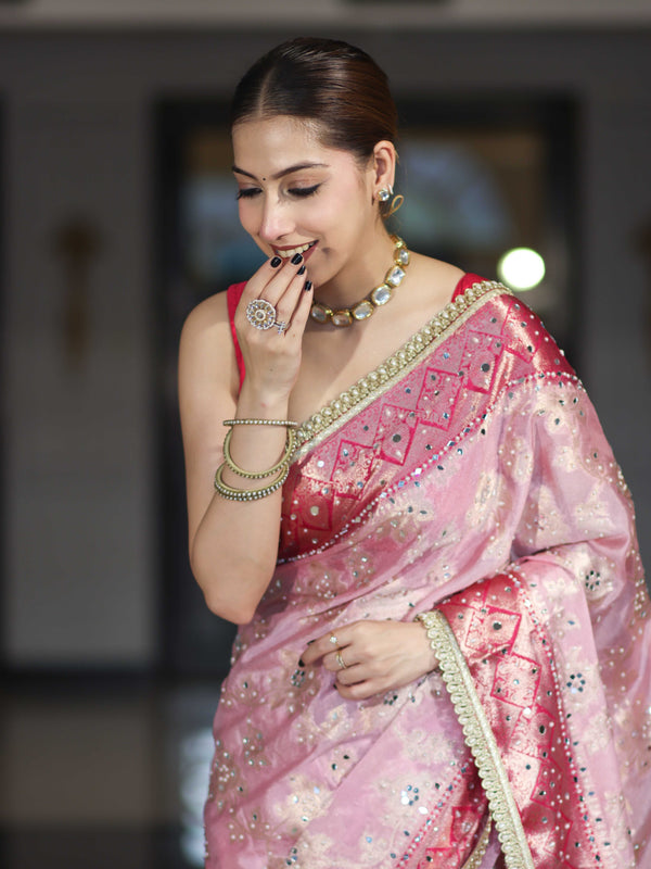 Banarasee Chiffon Saree With Hand Embroidered Mirror Work Zari Woven Design & Contrast Border-Pink
