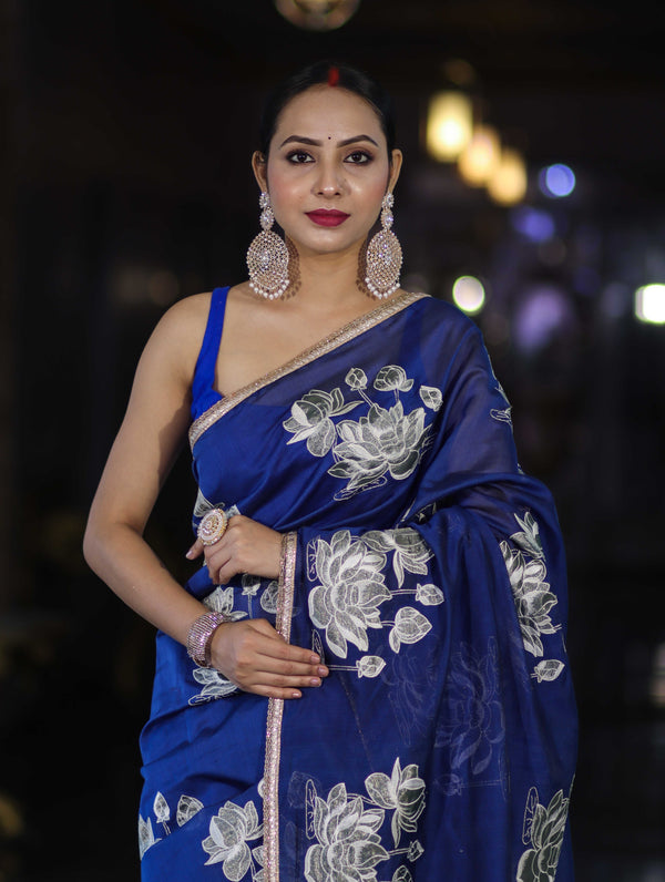 Banarasee Handloom Chanderi Cotton Saree With Applique Work & Lace-Royal Blue