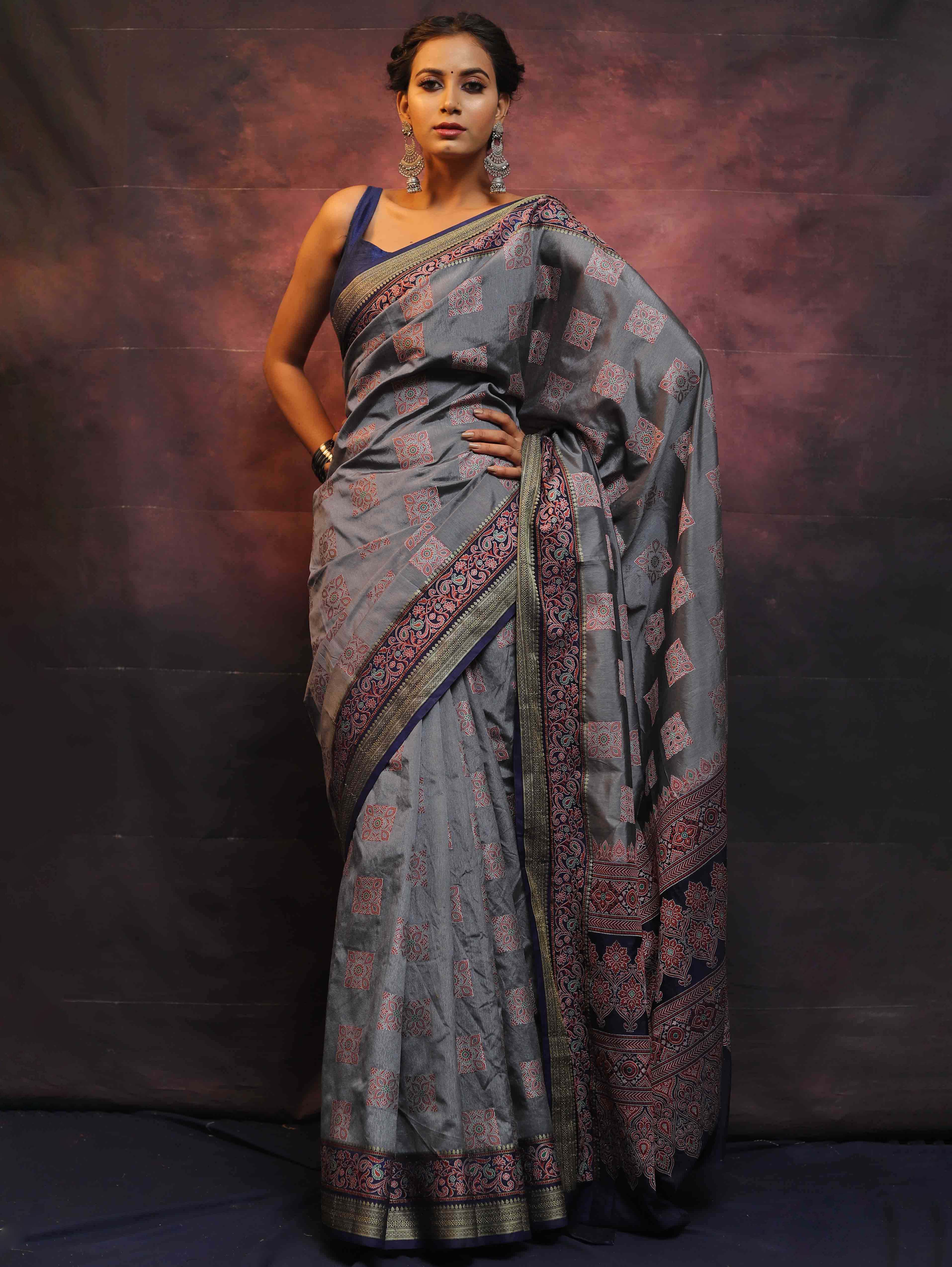 Banarasee Semi Silk Meena Work Saree-Grey