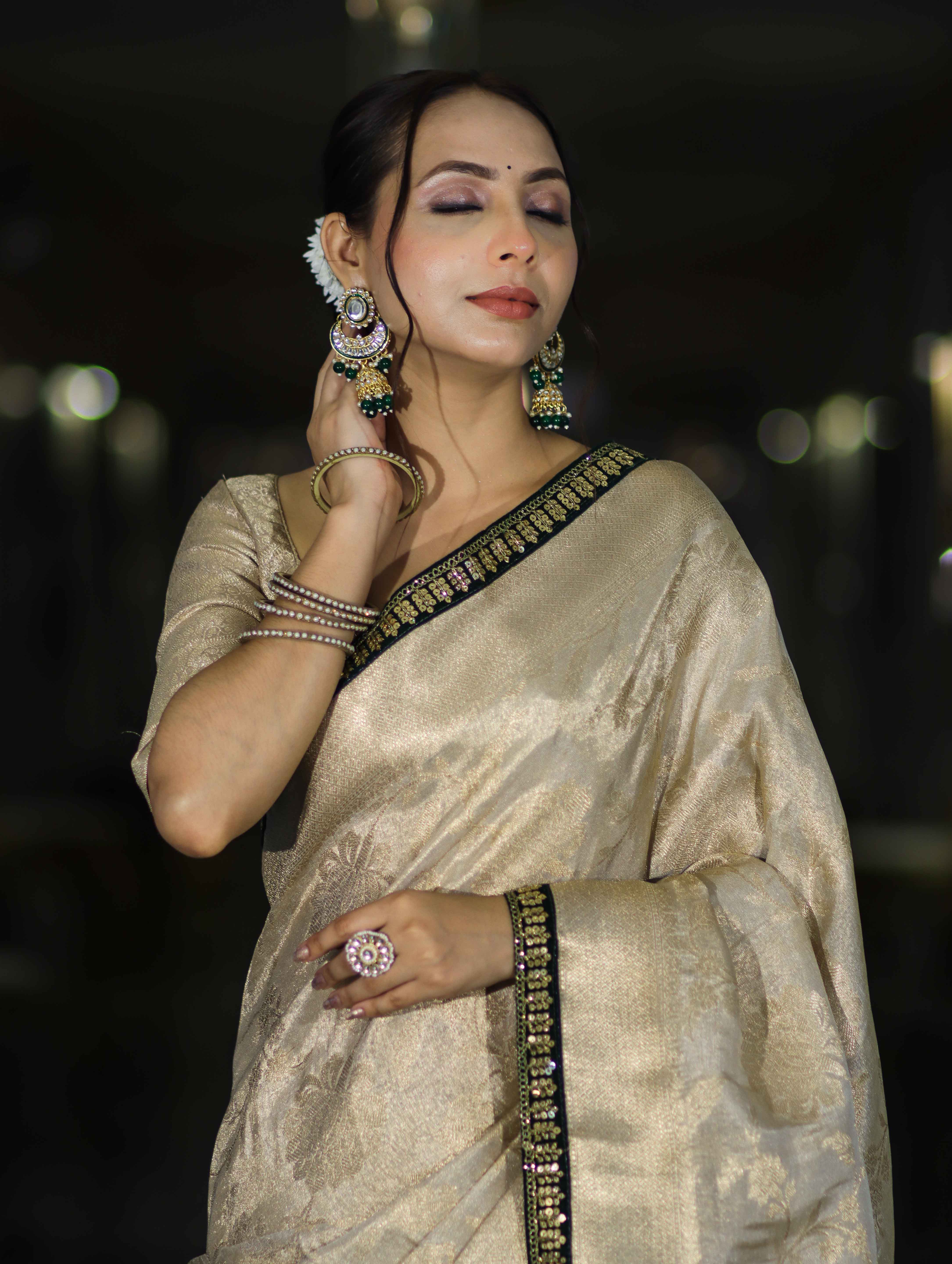 Banarasee Handloom Tissue Saree With Zari Woven Design & Contrast Lace Border-Off White