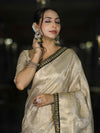 Banarasee Handloom Tissue Saree With Zari Woven Design & Contrast Lace Border-Off White