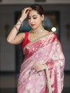 Banarasee Chiffon Saree With Hand Embroidered Mirror Work Zari Woven Design & Contrast Border-Pink