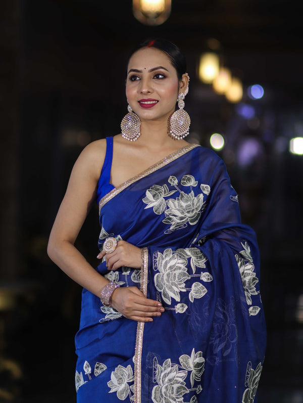 Banarasee Handloom Chanderi Cotton Saree With Applique Work & Lace-Royal Blue