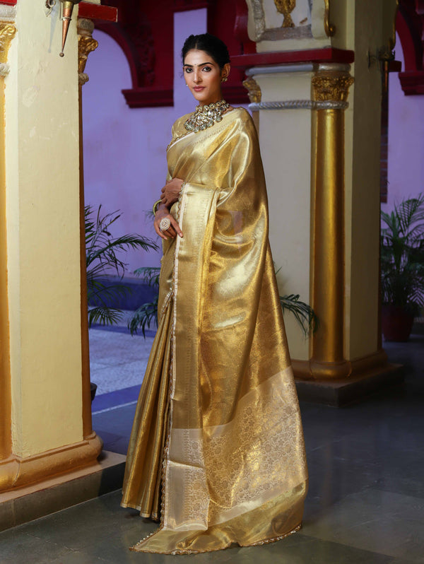 Banarasee Handwoven Tissue Saree With Zari Weaving Design & Lace-Gold