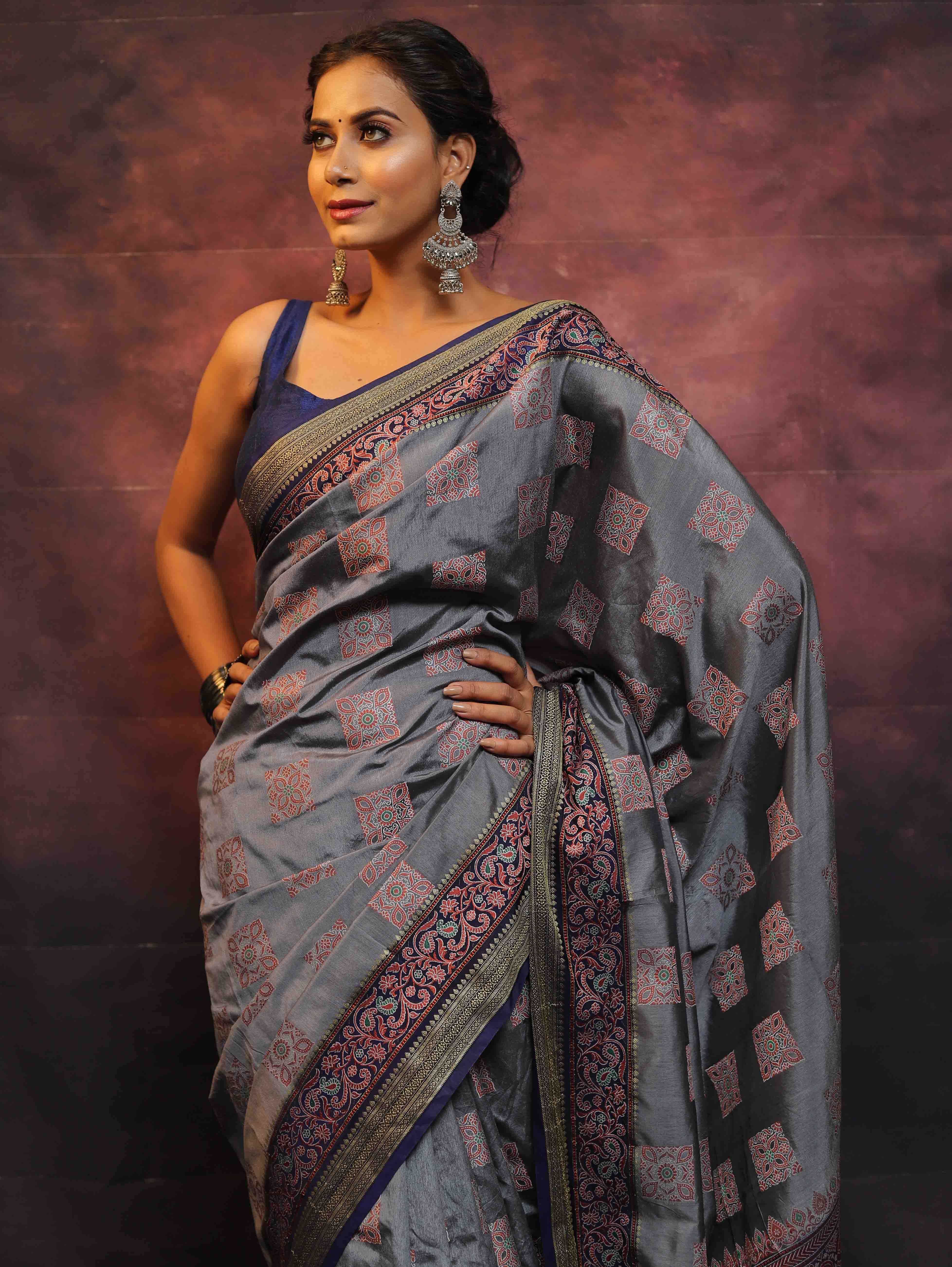 Banarasee Semi Silk Meena Work Saree-Grey