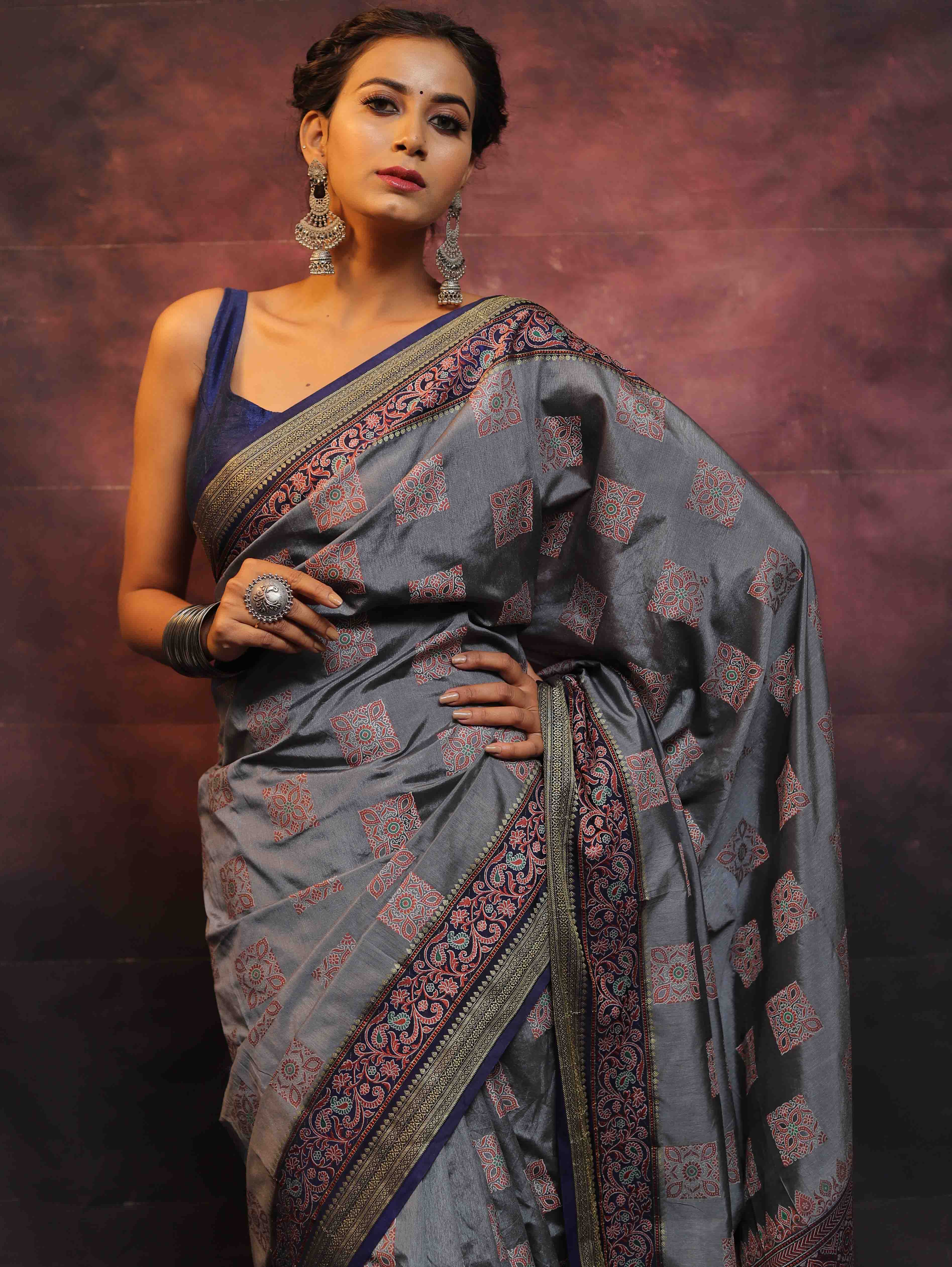 Banarasee Semi Silk Meena Work Saree-Grey