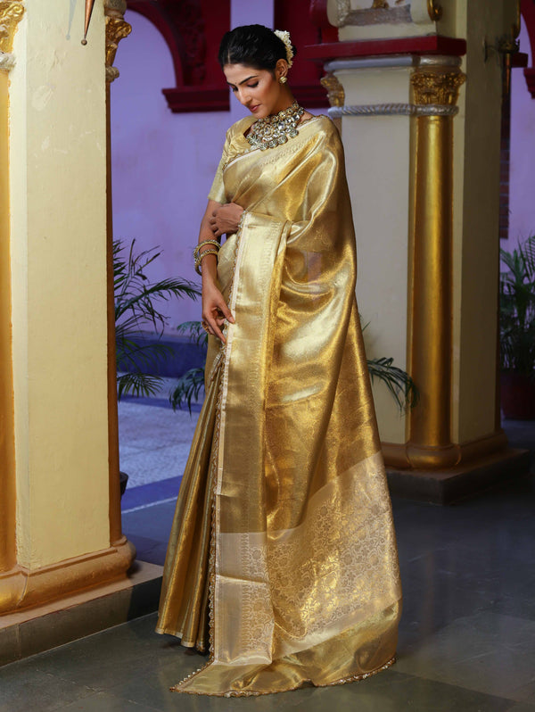 Banarasee Handwoven Tissue Saree With Zari Weaving Design & Lace-Gold