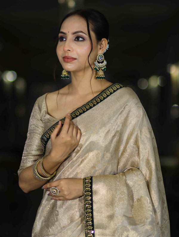 Banarasee Handloom Tissue Saree With Zari Woven Design & Contrast Lace Border-Off White