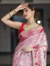 Banarasee Chiffon Saree With Hand Embroidered Mirror Work Zari Woven Design & Contrast Border-Pink