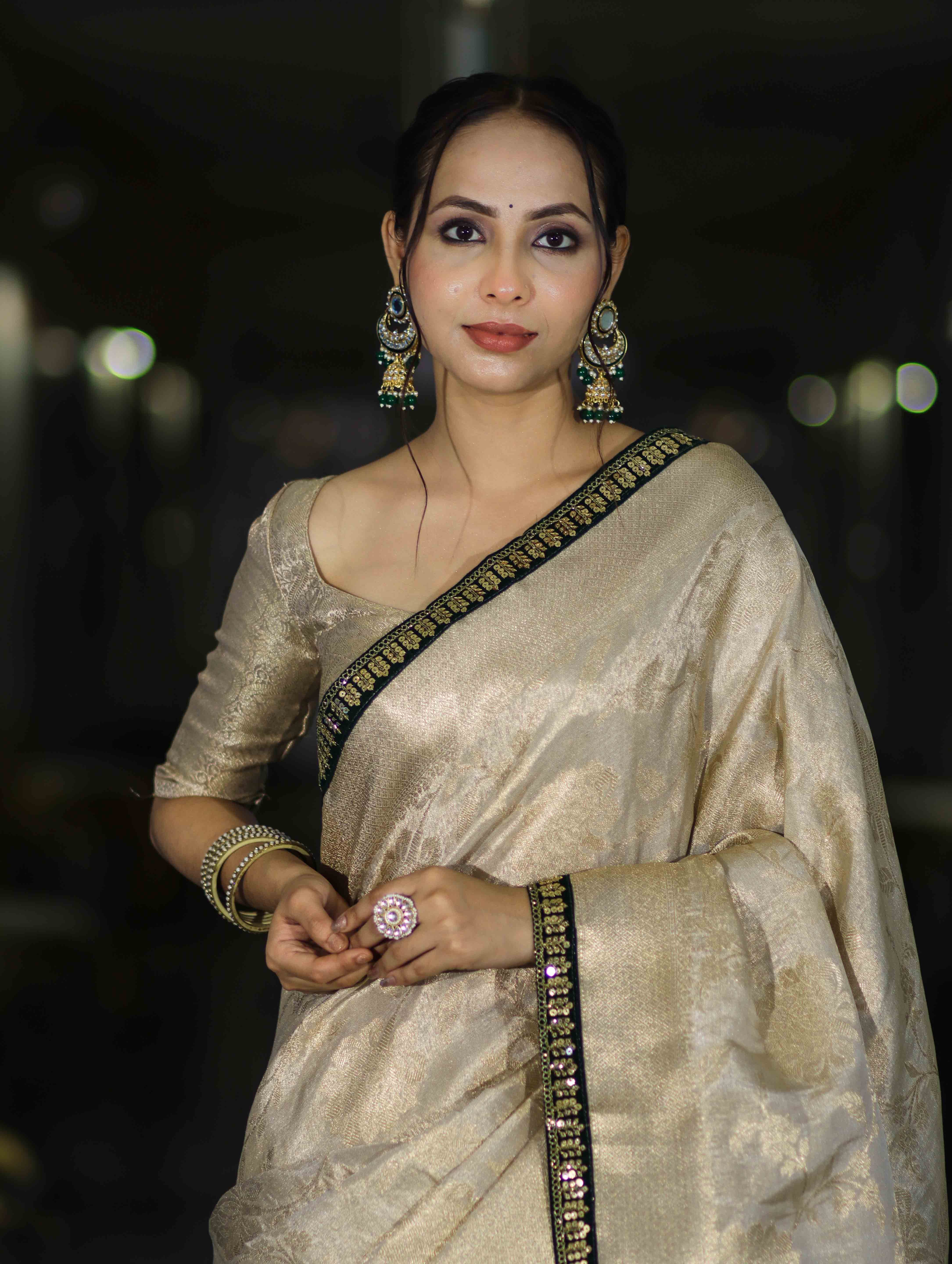 Banarasee Handloom Tissue Saree With Zari Woven Design & Contrast Lace Border-Off White