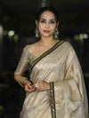 Banarasee Handloom Tissue Saree With Zari Woven Design & Contrast Lace Border-Off White