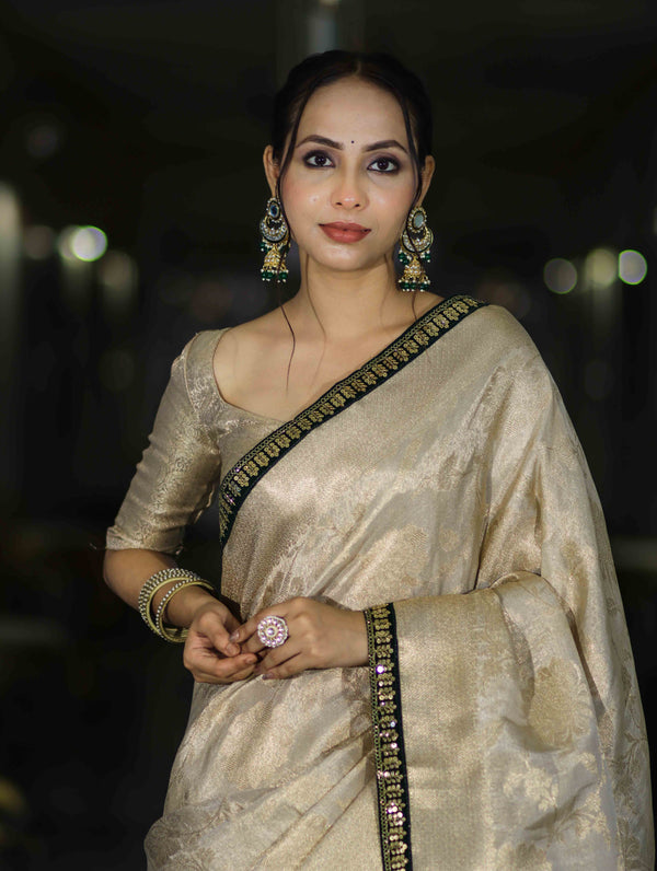 Banarasee Handloom Tissue Saree With Zari Woven Design & Contrast Lace Border-Off White