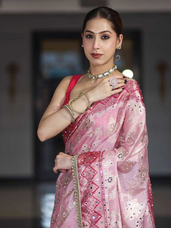 Banarasee Chiffon Saree With Hand Embroidered Mirror Work Zari Woven Design & Contrast Border-Pink