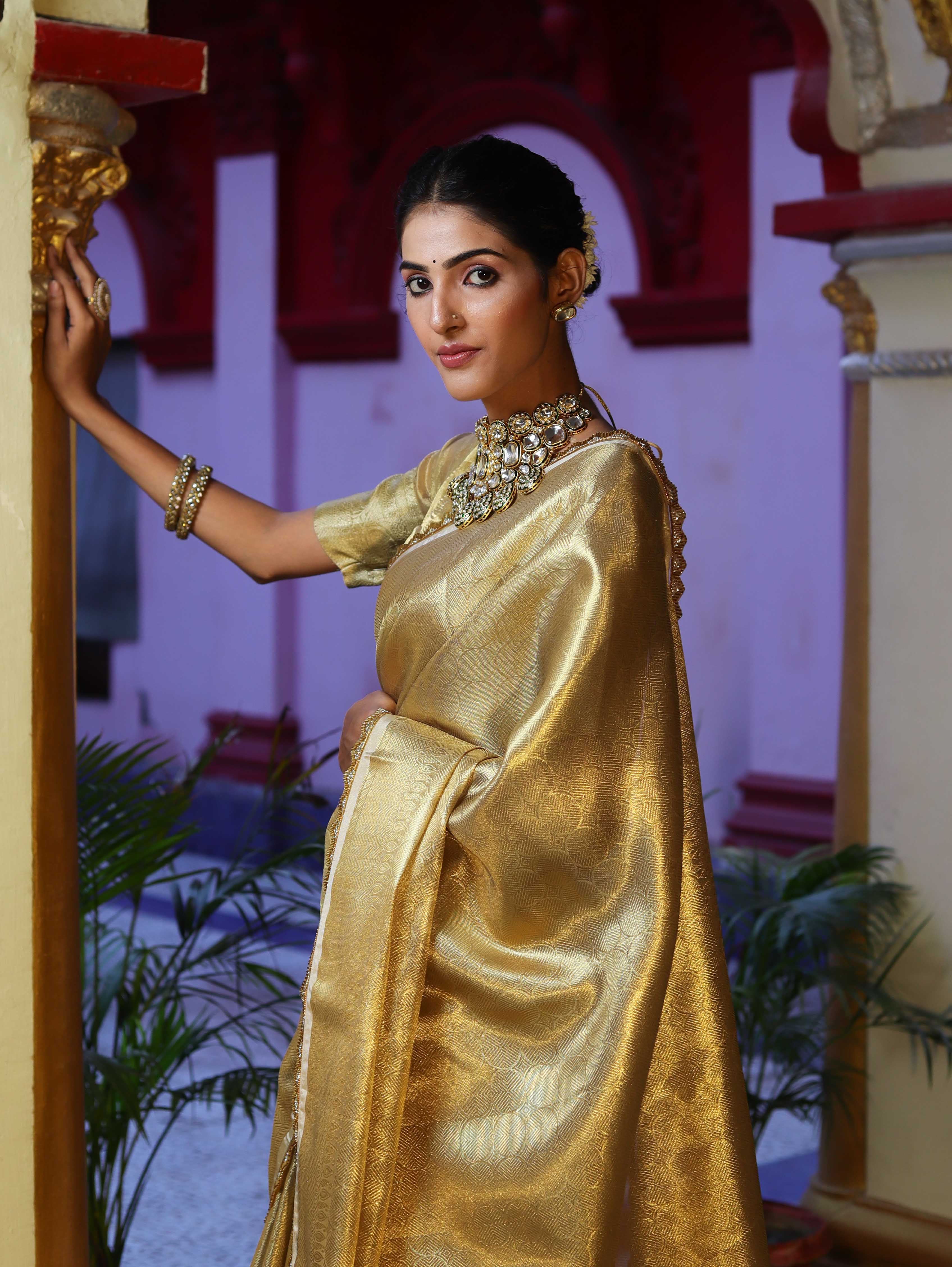 Banarasee Handwoven Tissue Saree With Zari Weaving Design & Lace-Gold