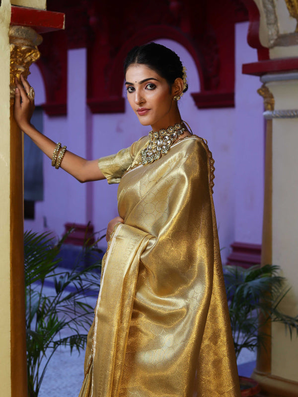 Banarasee Handwoven Tissue Saree With Zari Weaving Design & Lace-Gold