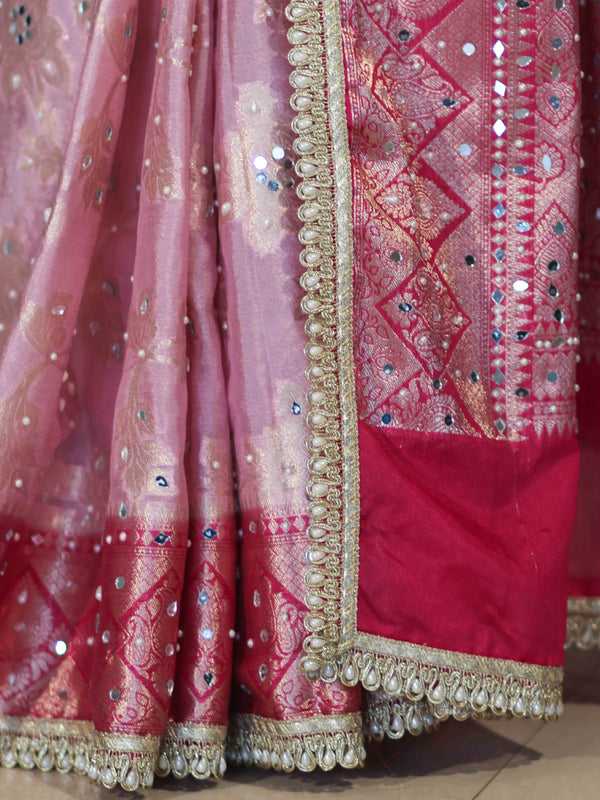 Banarasee Chiffon Saree With Hand Embroidered Mirror Work Zari Woven Design & Contrast Border-Pink