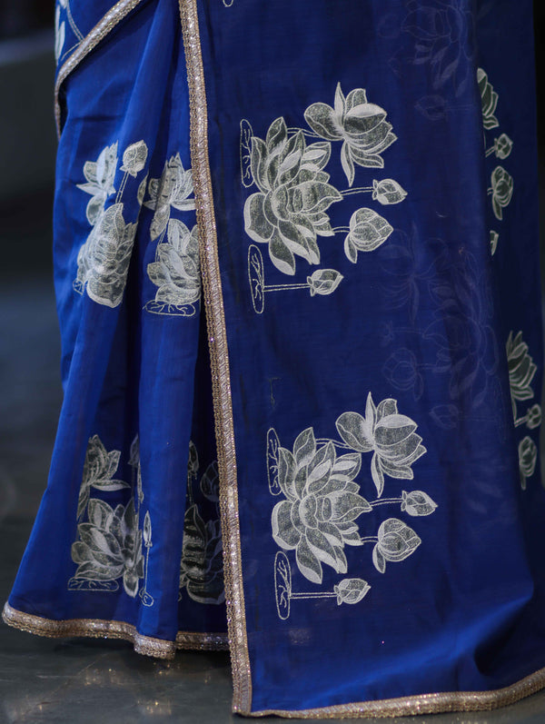 Banarasee Handloom Chanderi Cotton Saree With Applique Work & Lace-Royal Blue